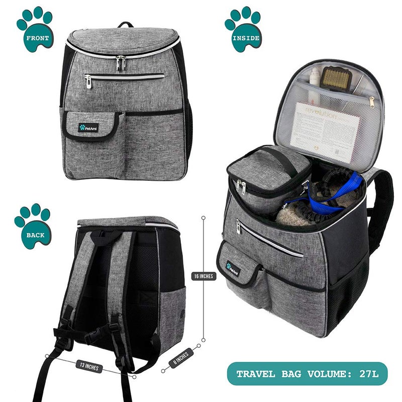 PetAmi Dog Travel Bag Backpack, Airline Approved Dog Bags for Traveling, Puppy Diaper Bag Supplies, Pet Camping Essentials Hiking Accessories Dog Mom Gift, Food Container, Collapsible Bowls, Gray - Image 2